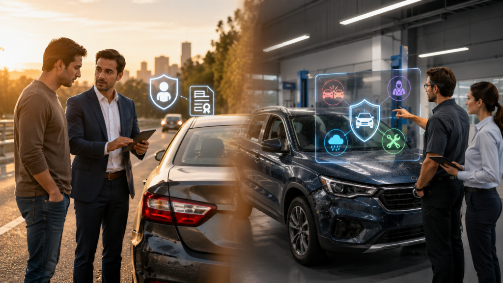 Split-scene showing two identical cars after an accident, comparing liability insurance and full coverage with an insurance advisor explaining options.