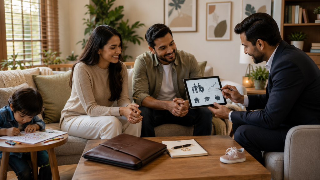 Parents reviewing a life insurance plan with a financial advisor while their child plays nearby in a comfortable office.