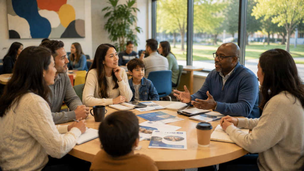 Financial advisor explaining life insurance options to a young family during an informal consultation.
