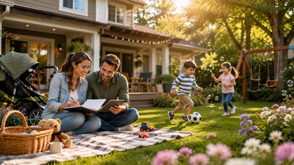 Young parents playing with their children in the backyard while discussing future financial plans.