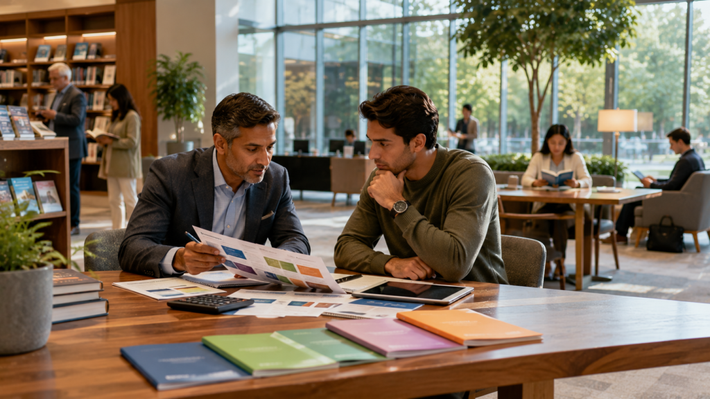Young investor discussing investment strategies with an experienced mentor while reviewing company reports in a public financial learning center.