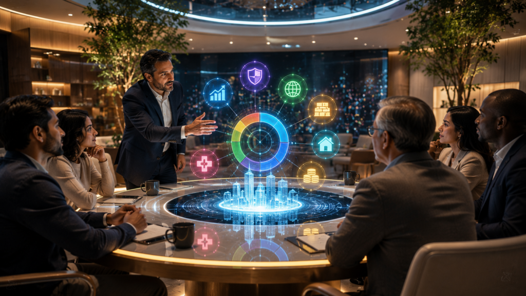 Diverse group of investors collaborating around a digital investment table showing a professionally managed diversified portfolio.
