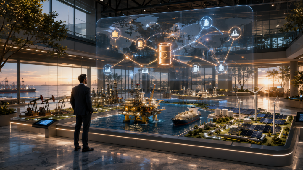 Investor analyzing global oil investments using physical energy market models and commodity data in a modern financial setting.