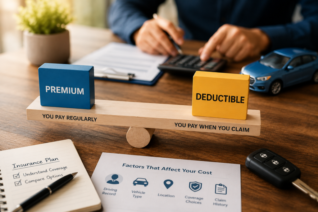 Driver comparing insurance premium and deductible options with a financial advisor using an interactive visual comparison.