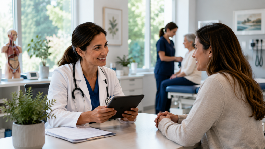 Healthcare professional discussing preventive care recommendations with an adult patient during an annual wellness visit.