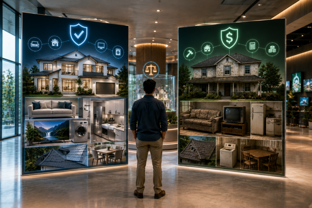 Homeowner comparing replacement cost and actual cash value insurance through an interactive property insurance exhibit.
