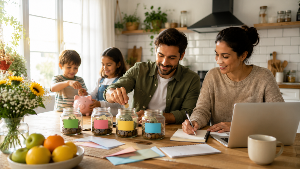 Young couple placing savings into labeled jars while planning future financial goals at home.