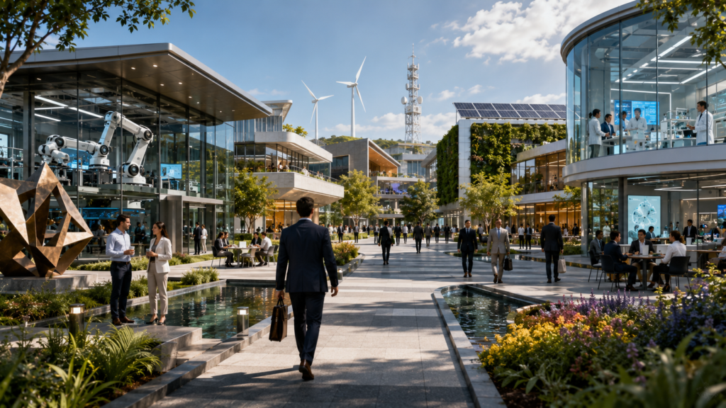 Investor exploring a modern innovation campus with different industry buildings representing multiple economic sectors.