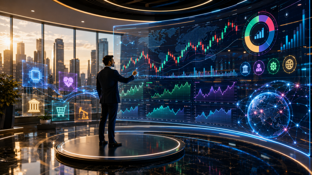 Beginner investor studying stock market performance using an immersive digital trading wall with company charts and market sectors.
