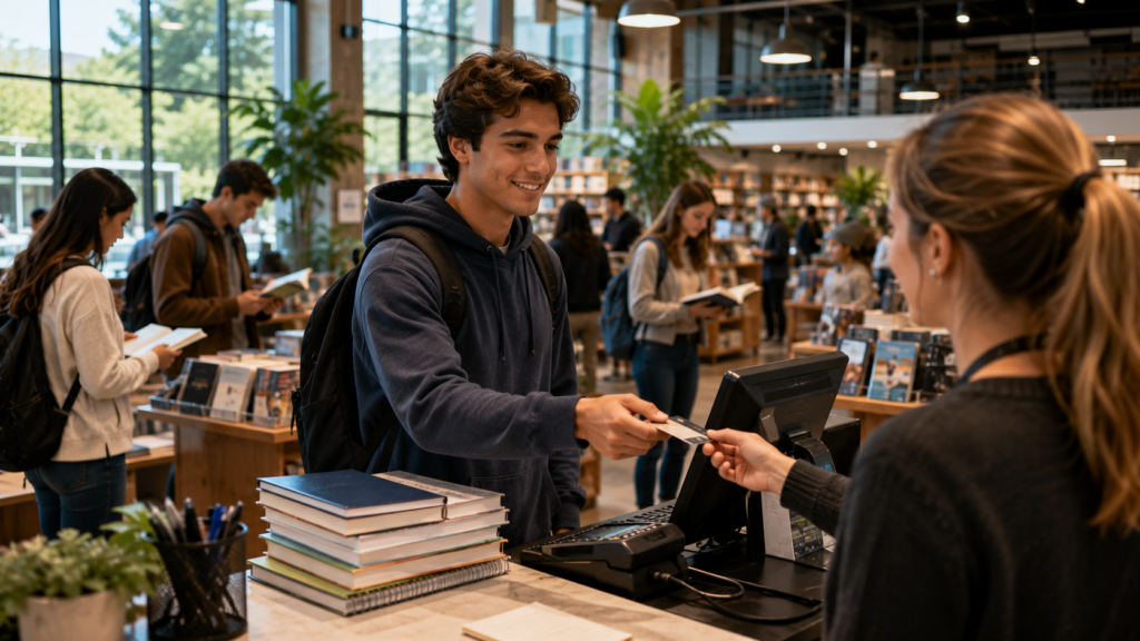 College student using a debit card to purchase textbooks at a university campus bookstore.