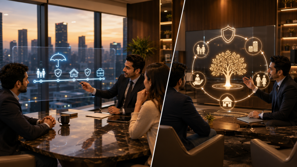 Financial advisor comparing term life and whole life insurance options with a couple using an interactive digital comparison display.