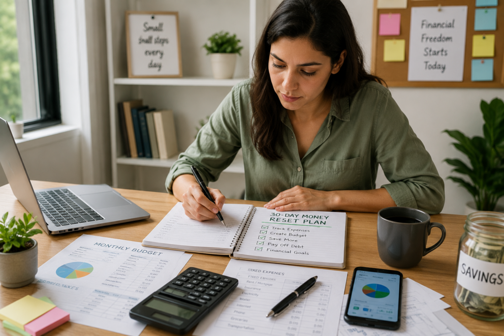 Person reviewing a monthly budget and financial checklist during a 30-day money reset plan.