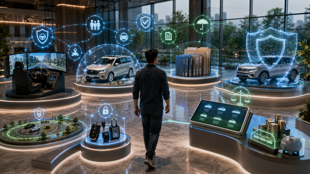 Driver exploring practical ways to reduce car insurance premiums through a modern insurance planning exhibit.