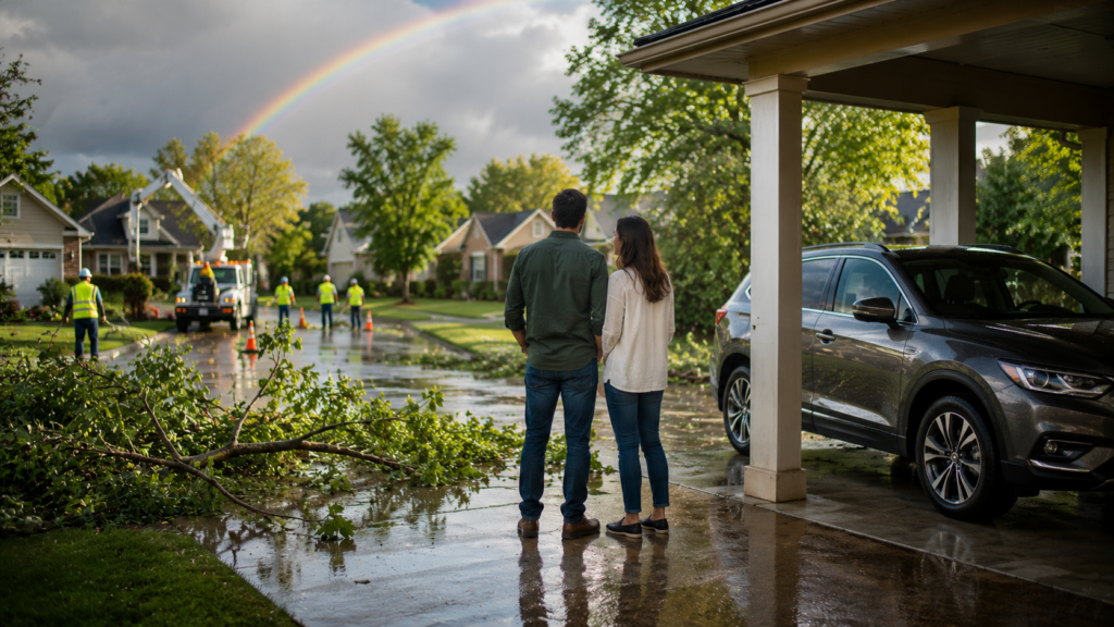 Family car parked safely under a covered driveway after a rainstorm with fallen tree branches nearby.