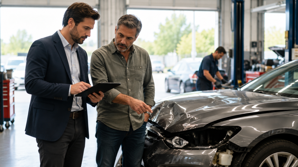 Insurance claims adjuster inspecting a damaged car with the vehicle owner at an auto repair center.