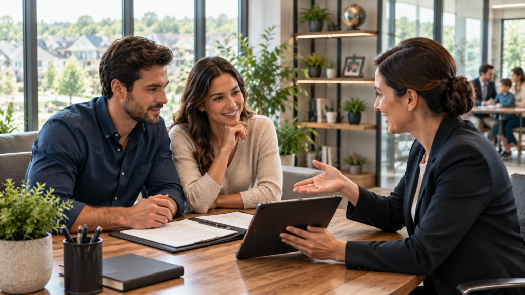 Young couple meeting with a financial advisor to discuss life insurance options and long-term family financial planning.