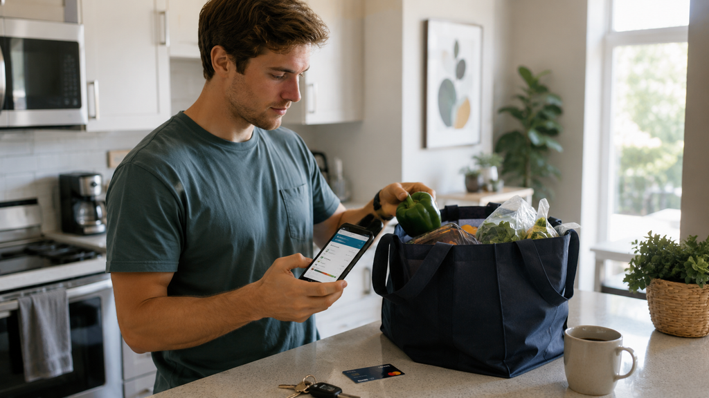 Young professional using a debit card and mobile banking app while managing a checking account at home.